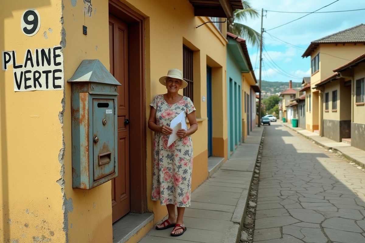 Rue du quartier Plaine Verte à Port Louis avec numéro de rue et boîte aux lettres sur un mur de béton