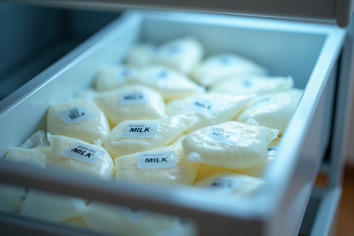 Sacs de lait maternel étiquetés dans un congélateur