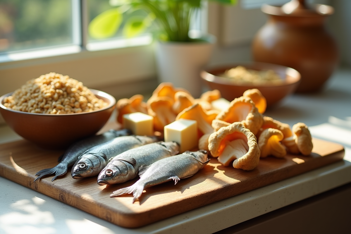 Sardines fraîches et champignons dans un bol sur un plan de travail
