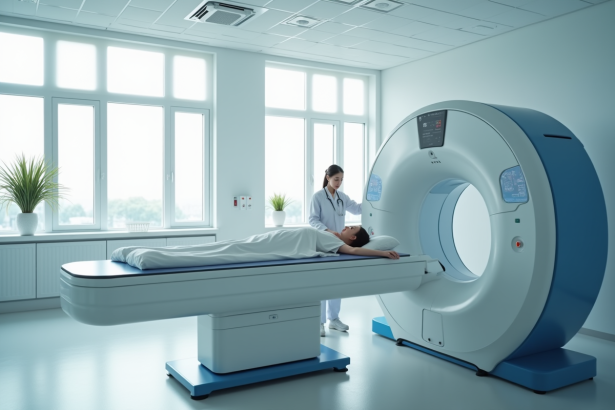 Scanner CT moderne dans une salle lumineuse avec patient et radiologue