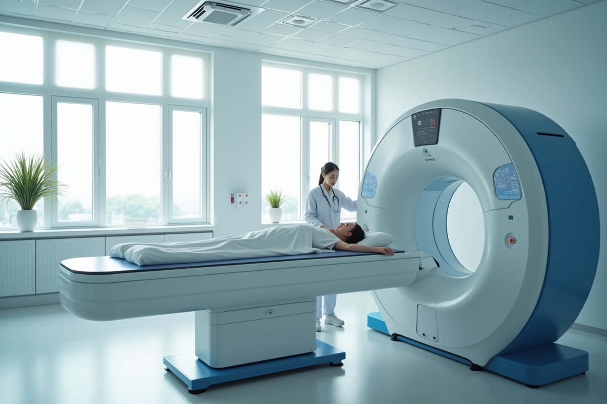 Scanner CT moderne dans une salle lumineuse avec patient et radiologue