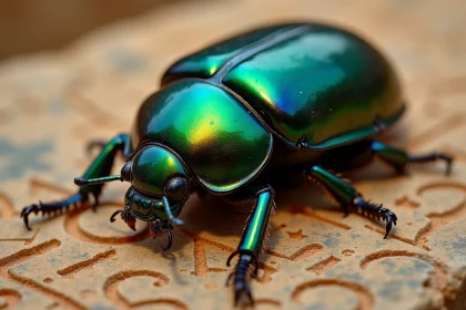 Scarabée iridescent posé sur une pierre ancienne gravée de hiéroglyphes égyptiens, symbolisme spirituel et mystique