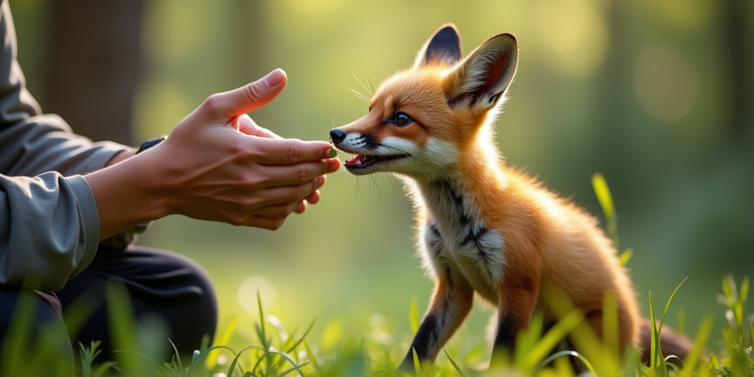 Soigneur nourrissant un jeune renard dans la forêt