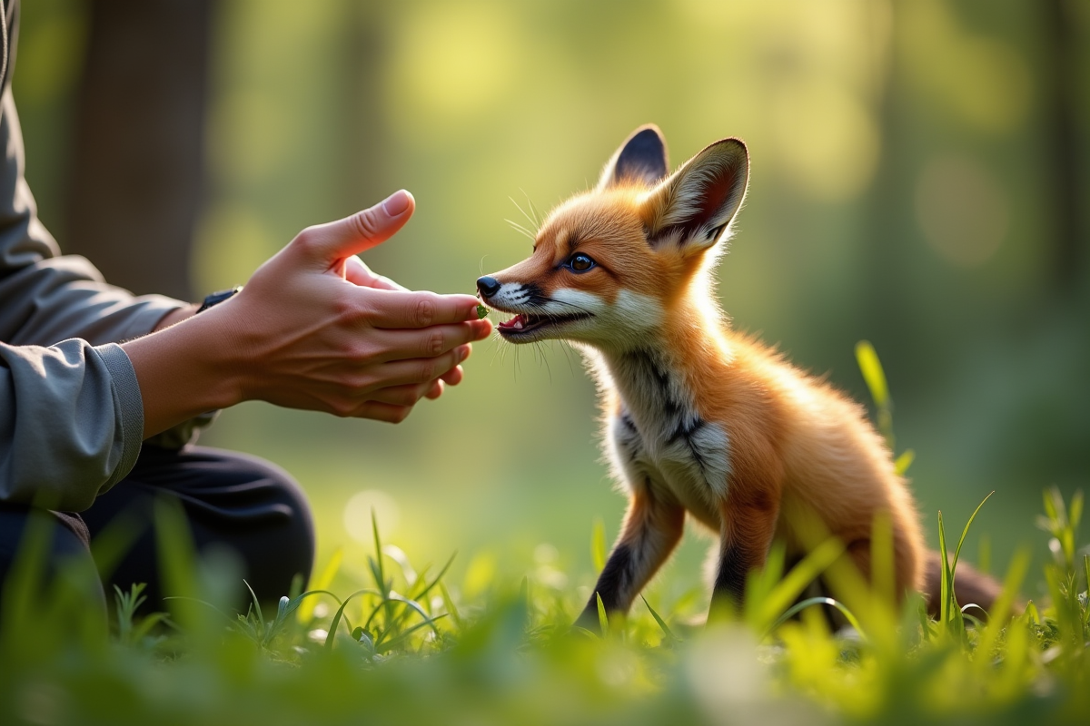Soigneur nourrissant un jeune renard dans la forêt