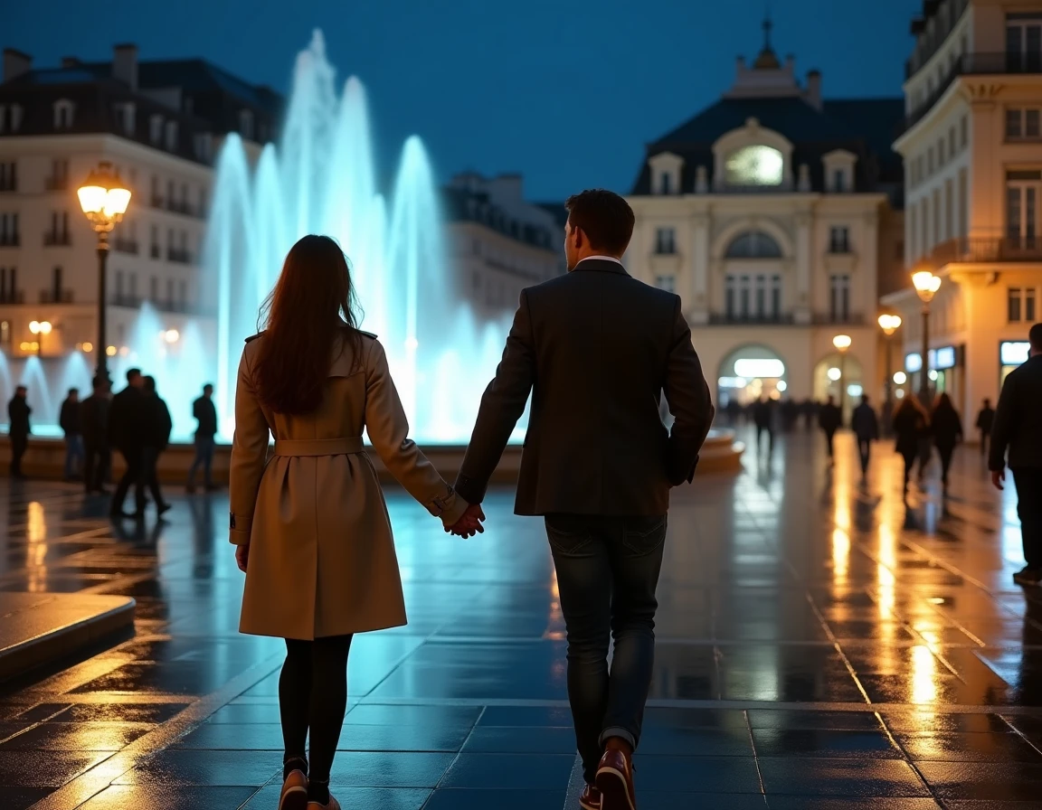Couple se promenant Place des Terreaux à Lyon la nuit avec reflets sur les pavés mouillés