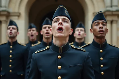 Soldats français en uniforme d'apparat chantant en chœur dans une cour historique pavée