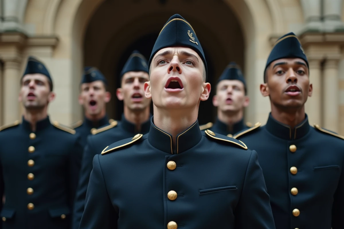 Soldats français en uniforme d'apparat chantant en chœur dans une cour historique pavée