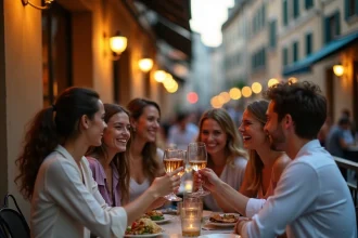 Terrasse animée dans le Vieux-Lyon en soirée avec des amis attablés sur les pavés de la rue du Boeuf
