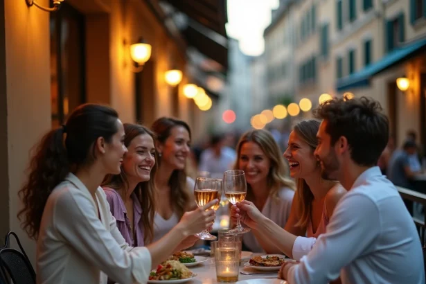 Terrasse animée dans le Vieux-Lyon en soirée avec des amis attablés sur les pavés de la rue du Boeuf