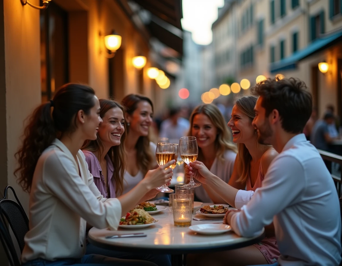 Terrasse animée dans le Vieux-Lyon en soirée avec des amis attablés sur les pavés de la rue du Boeuf