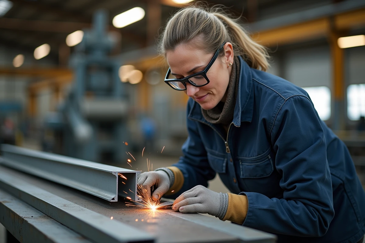 Soudeur professionnel assemblant une cornière acier dans un atelier de fabrication métallique avec profilé en U en arrière-plan