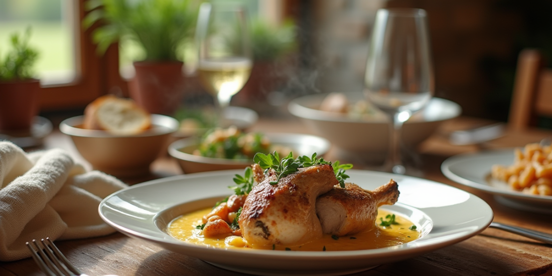 Table rustique dressée pour un repas familial avec un plat de lapin sauce moutarde