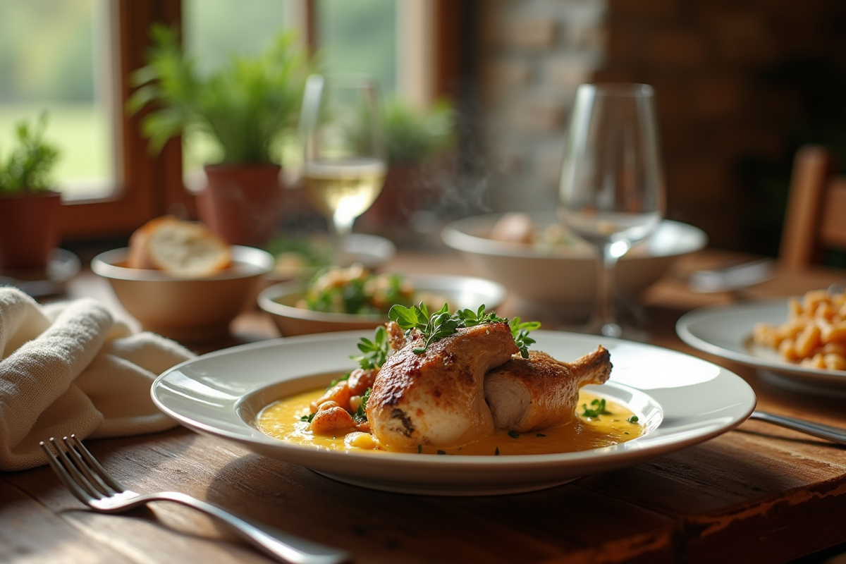 Table rustique dressée pour un repas familial avec un plat de lapin sauce moutarde