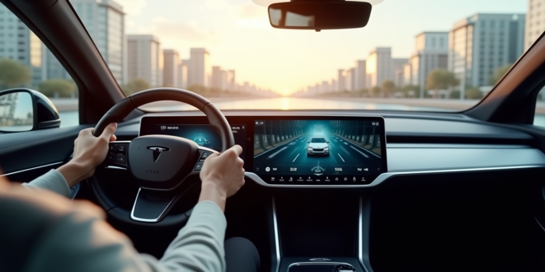 Conducteur tenant le volant d une voiture autonome en ville