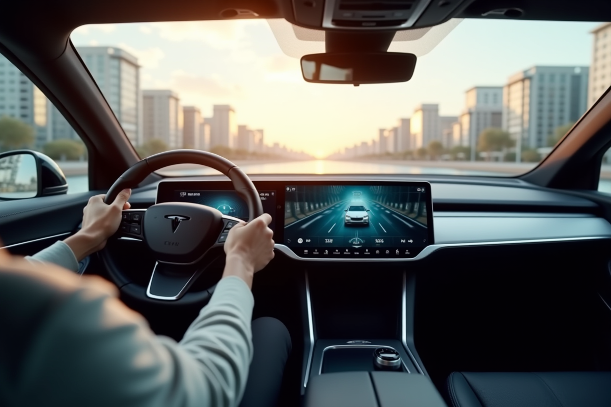 Conducteur tenant le volant d une voiture autonome en ville
