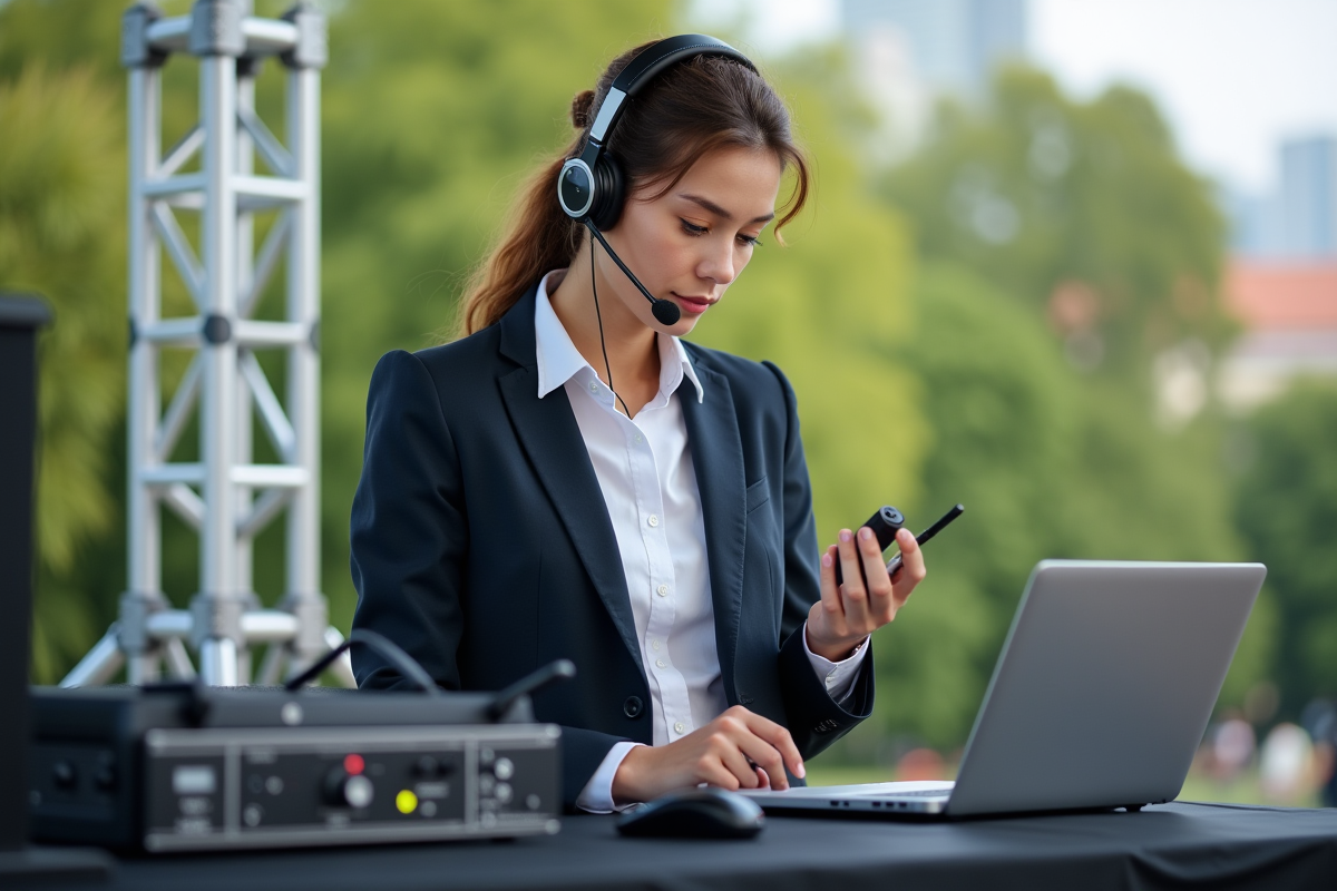 Jeune technicienne vérifiant un micro en extérieur