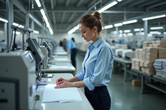 Technicienne textile en atelier moderne en train de programmer une machine