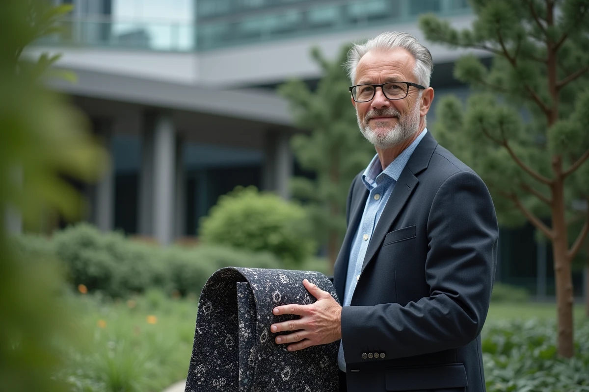 Technologue tenant un textile futuriste dans un jardin urbain