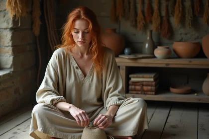 Femme tirant une rune viking depuis une pochette en tissu sur une table en bois dans un intérieur rustique