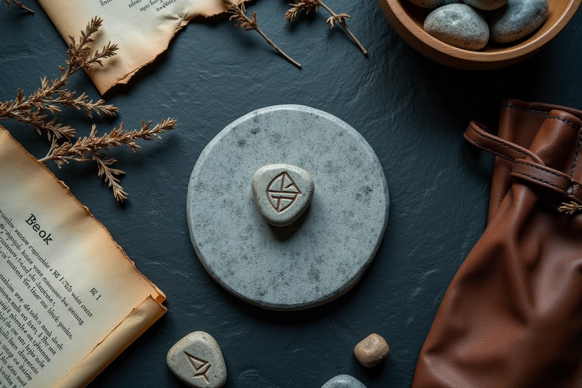 Vue de dessus d'un tirage de rune viking sur ardoise avec pochette en cuir et herbes séchées