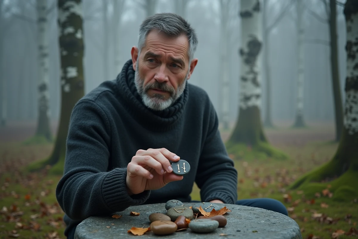 Homme tenant une pierre runique viking gravée dans une forêt de bouleaux brumeuse en automne