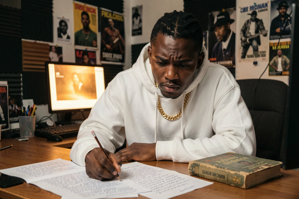 Jeune rappeur concentré en studio traduisant des paroles de rap anglais en français sur des feuilles manuscrites avec un dictionnaire bilingue