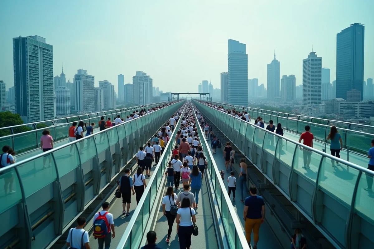 Foule de pendulaires sur une passerelle surélevée du Skytrain de Bangkok avec la skyline urbaine en arrière-plan