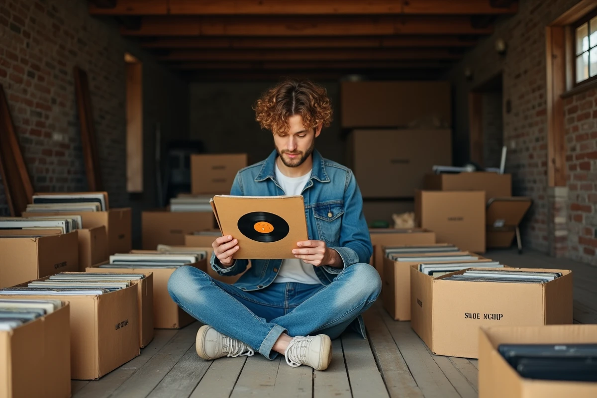 Jeune collectionneur triant des disques 78 tours dans un grenier entouré de cartons et d'un guide de collection