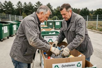 Homme triant des déchets dans les bacs de recyclage d'une déchèterie organisée