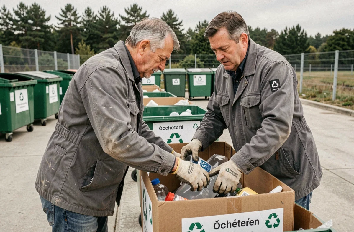 Homme triant des déchets dans les bacs de recyclage d'une déchèterie organisée