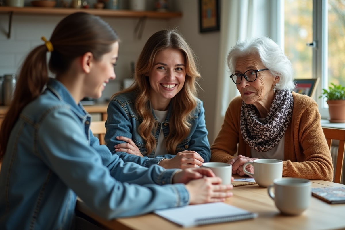 Trois générations de femmes autour d'une table en famille