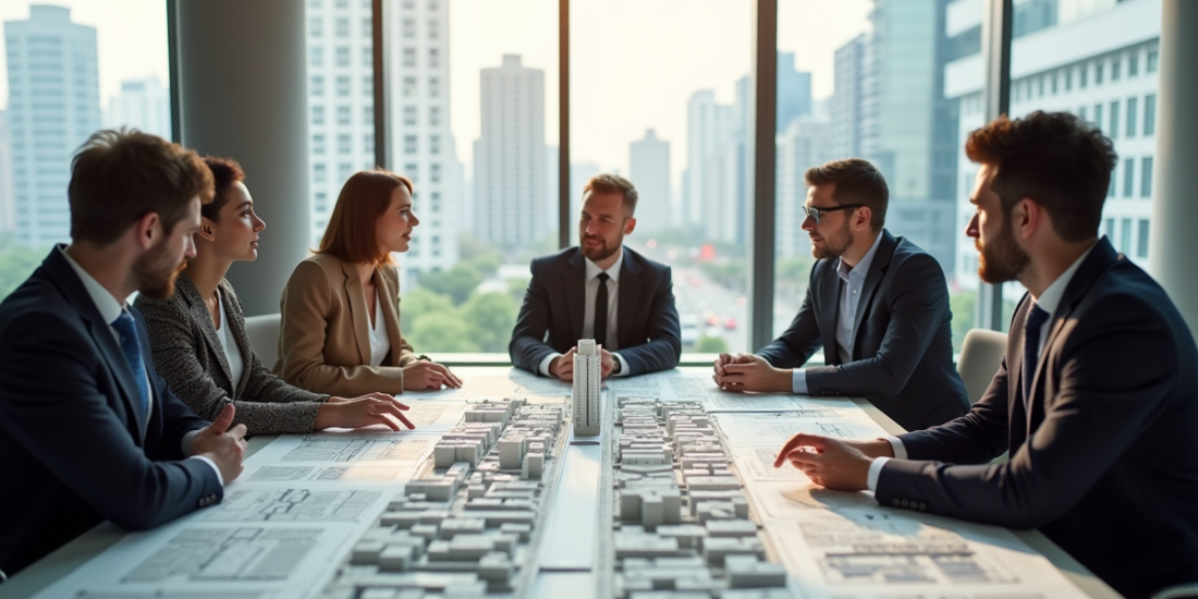 Urbaniste examinant des plans de ville sur une grande table