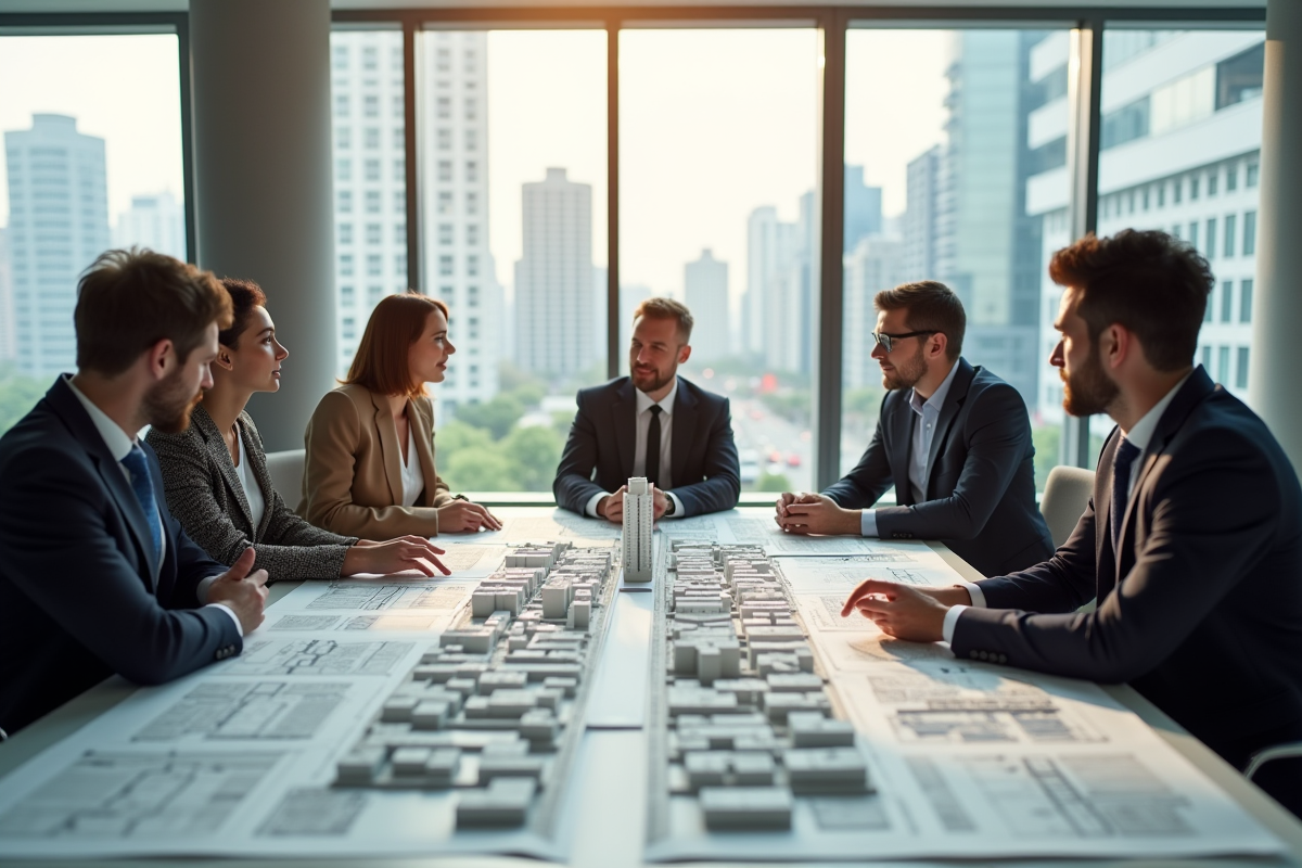 Urbaniste examinant des plans de ville sur une grande table