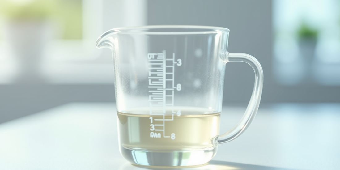 Verre mesureur rempli à 30 ml sur table lumineuse