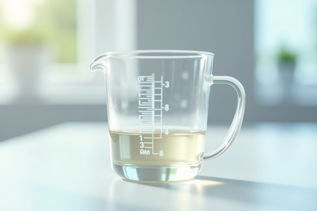Verre mesureur rempli à 30 ml sur table lumineuse