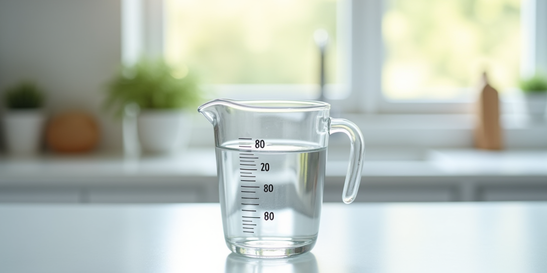 Verre mesureur avec 80 ml d'eau sur un plan blanc