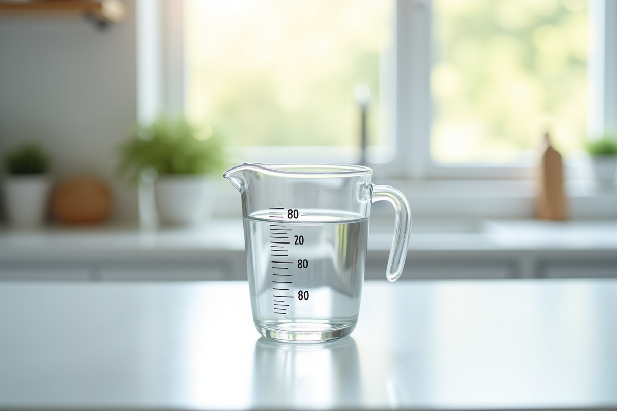 Verre mesureur avec 80 ml d'eau sur un plan blanc