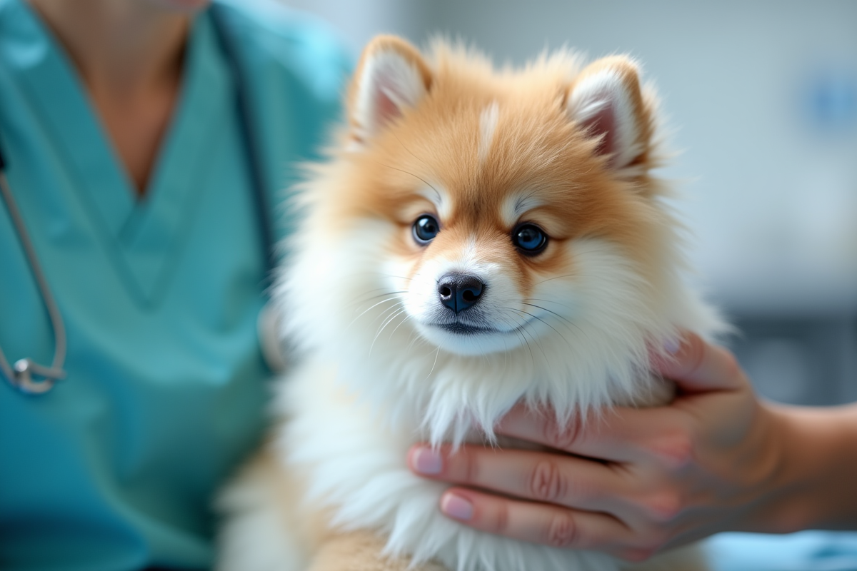 Vétérinaire examinant un chiot Spitz dans une clinique propre