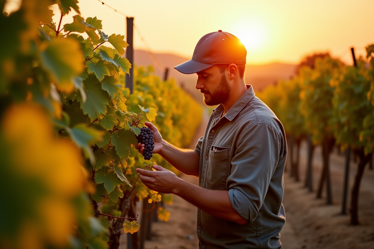 Vigneron inspectant des raisins mûrs au lever du soleil