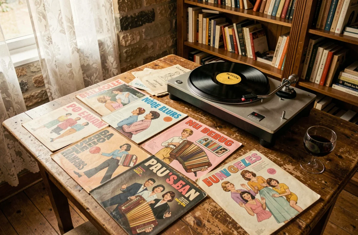 Collection de vinyles de chansons françaises des années 60 posés sur une table en bois avec une platine vintage dans un appartement parisien