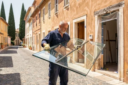Vitrier professionnel transportant une grande plaque de verre dans une rue provençale des Bouches-du-Rhône