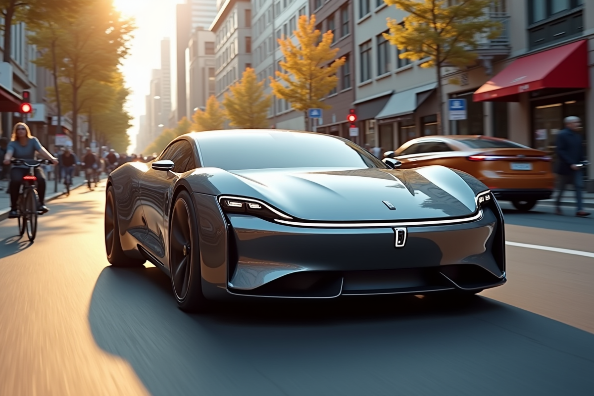 Voiture moderne roulant en ville avec circulation animée