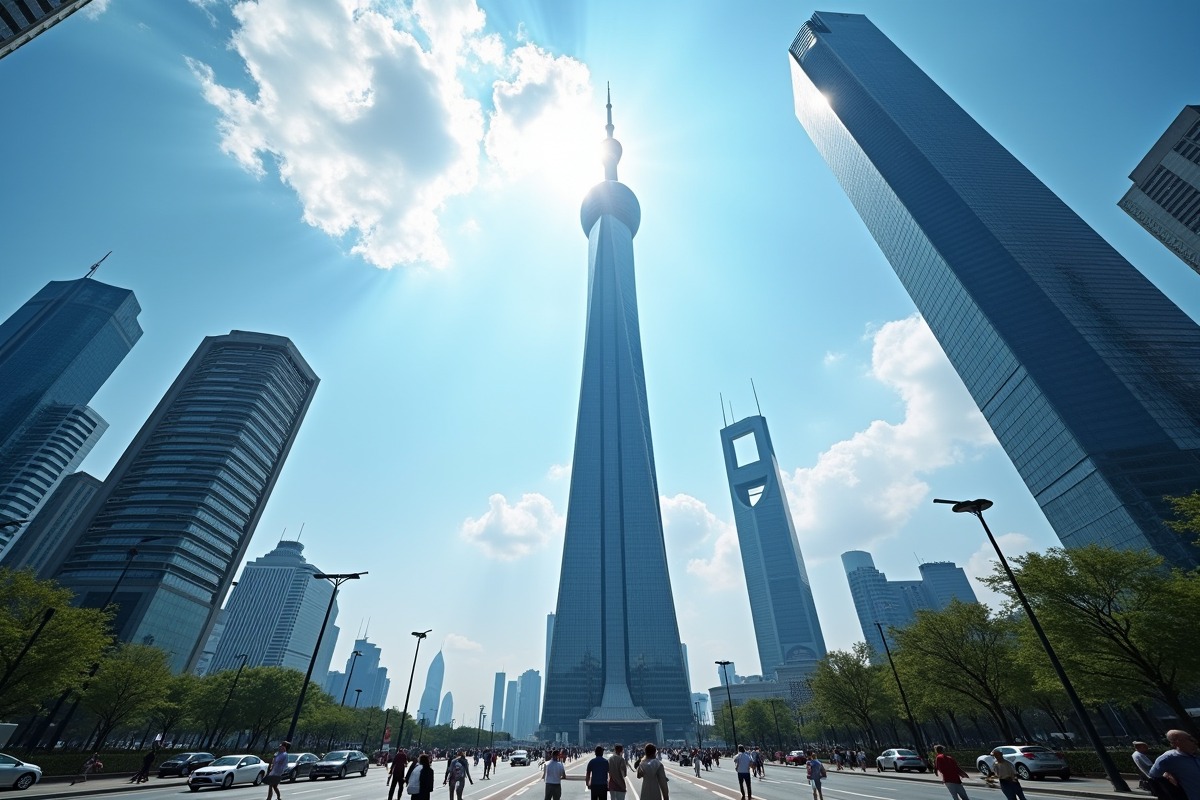 Vue de bas de la tour Shanghai vers le ciel bleu et nuages blancs