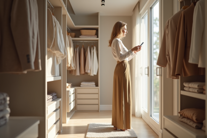 Femme élégante dans un dressing moderne et lumineux