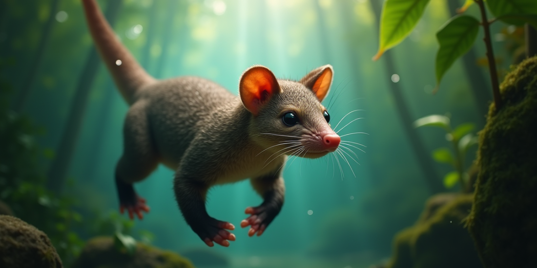 Yapock nageant dans une rivière de jungle avec plantes vertes