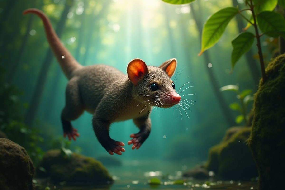 Yapock nageant dans une rivière de jungle avec plantes vertes