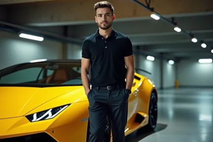 YouTubeur millionnaire appuyé contre une Lamborghini jaune dans un parking souterrain moderne, style influenceur supercar