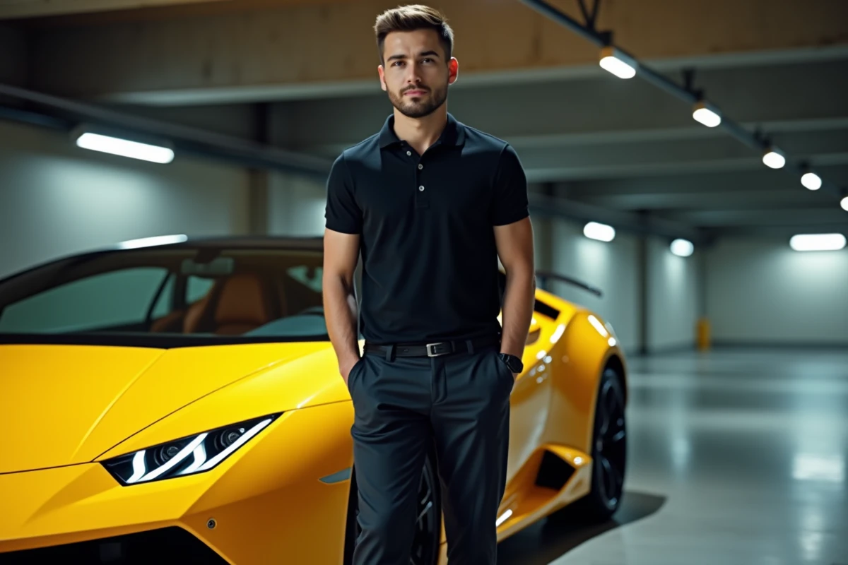 YouTubeur millionnaire appuyé contre une Lamborghini jaune dans un parking souterrain moderne, style influenceur supercar